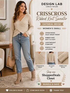 Design Lab Lord & Taylor Crisscross Ribbed Knit Sweater – Oatmeal Beige